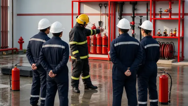 Treinamento pratico de brigada de incendio com extintores e mangueiras