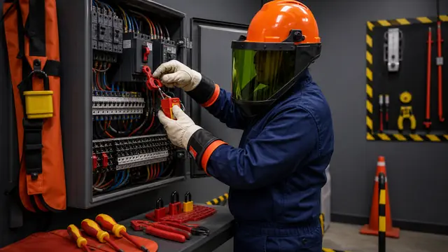 Profissional demonstrando procedimento seguro em painel eletrico