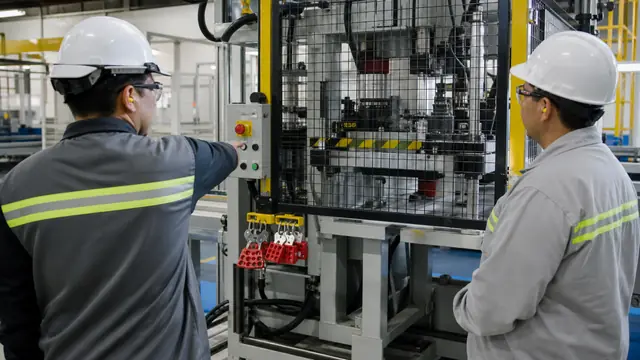 Instrucao de seguranca em maquina industrial com protecao fisica